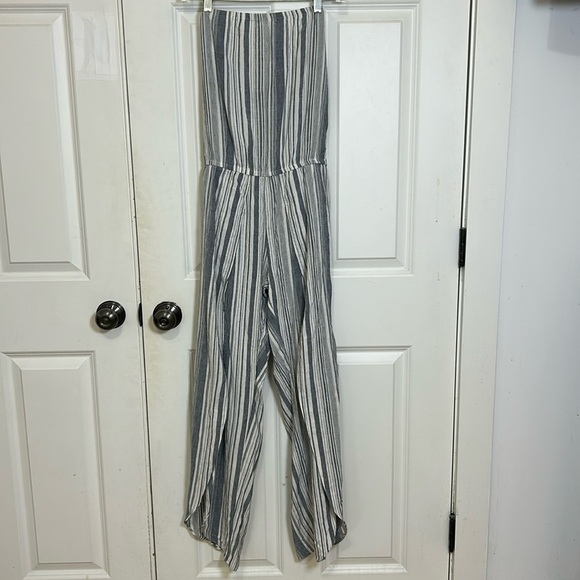 Anthropologie DREW Wide Split Leg Strapless Striped Romper Size XS cream blue - Picture 1 of 8